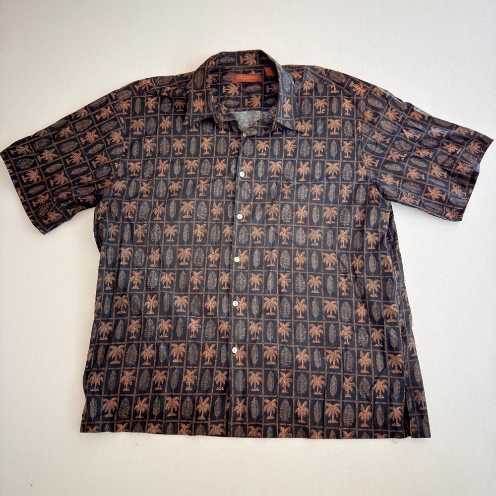 Tori Richard Short Sleeve Button Down 2XL Black Coastal Preppy Palm Tree Leaf